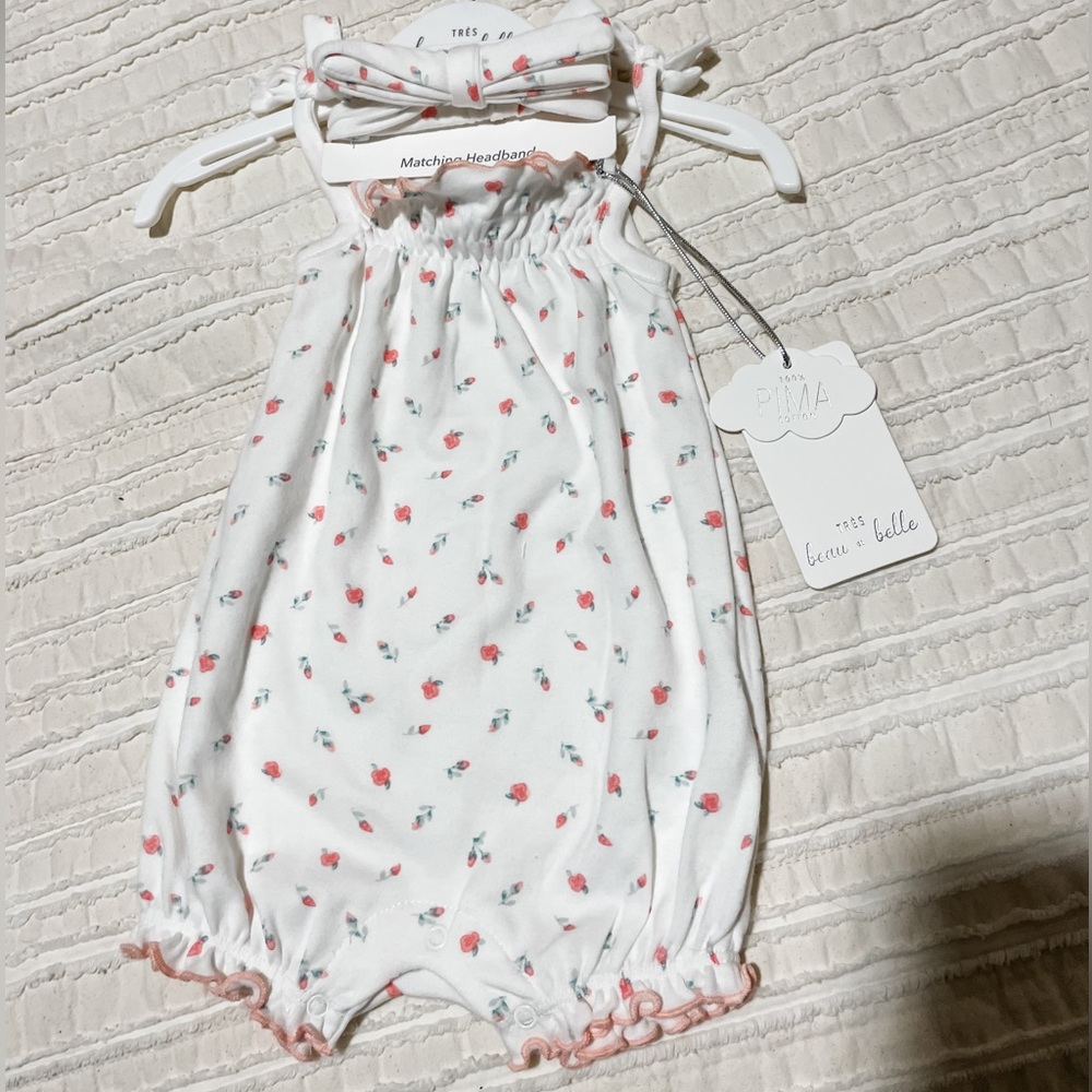 Trés Beau et Belle Floral Baby Romper with Matching Headband
